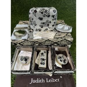 NIB Judith Leiber Swarovski Crystal Floral Minaudiere Set Purse Compact Mirror